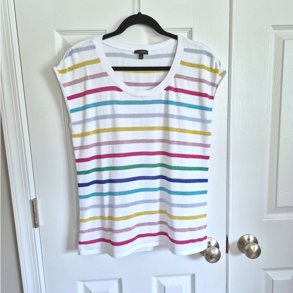 Talbots white rainbow glitter stripe sleeveless top womens large